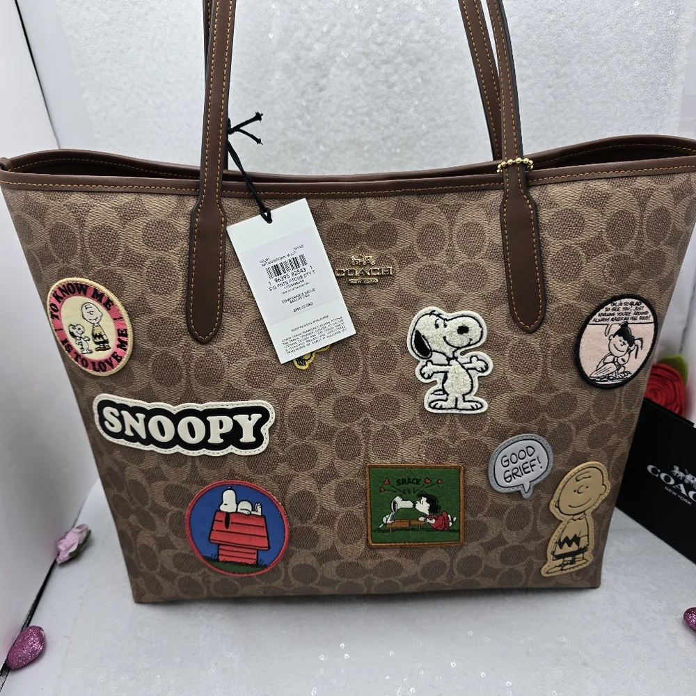 Coach x Peanuts City Tote with Snoopy, Lucy, Charlie Brown Patches Tan & Khaki - Picture 2 of 15